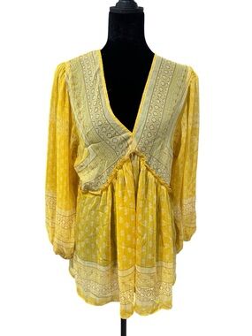 NWT Rose & Olive - Yellow Boho V-Neck Tunic with Embroidered Trim - Size M